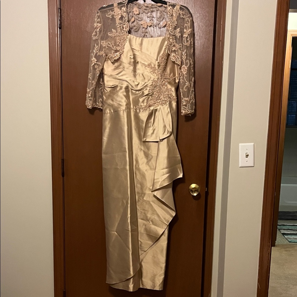 Mon Cheri Champagne Dress with Lace Jacket